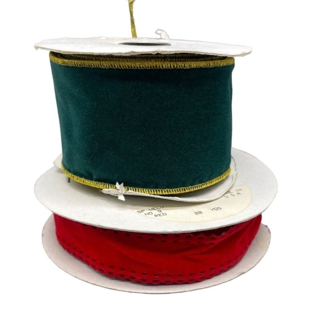 vintage Christmas decorative wired ribbon set of 2 red green 1" & 2.5" READ